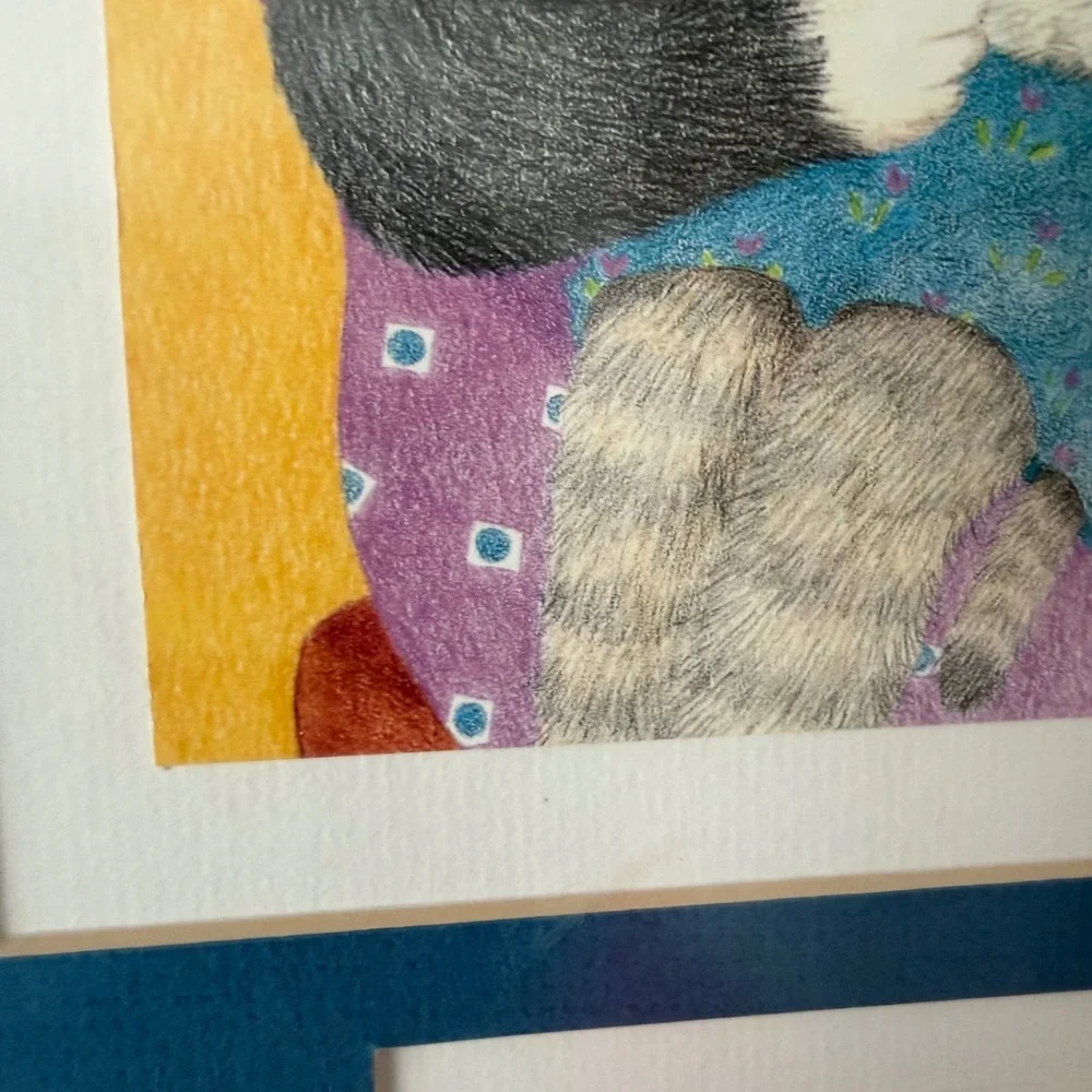 Paris Bottman Signed Framed Folk Art Print Cat Mother Holding A Kitten